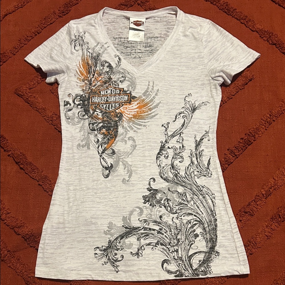 Harley-Davidson Women's White and Orange V-Neck Tee